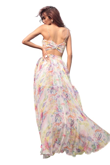 The Long Iland_Off White Organza, Georgette Beads, Sequins Embellished Crop Top Skirt Set _at_Aza_Fashions