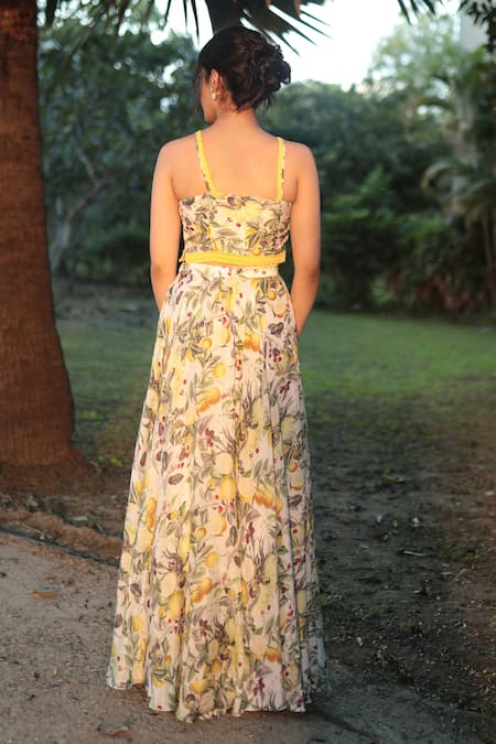 The Long Iland Lime Print Crop Top With Slit Skirt 