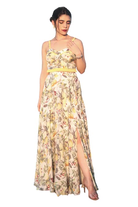 The Long Iland_Yellow Satin Printed Lime Sweetheart Crop Top With Slit Skirt  _Online_at_Aza_Fashions