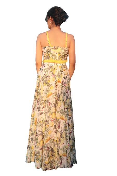 Buy_The Long Iland_Yellow Satin Printed Lime Sweetheart Crop Top With Slit Skirt  _Online_at_Aza_Fashions