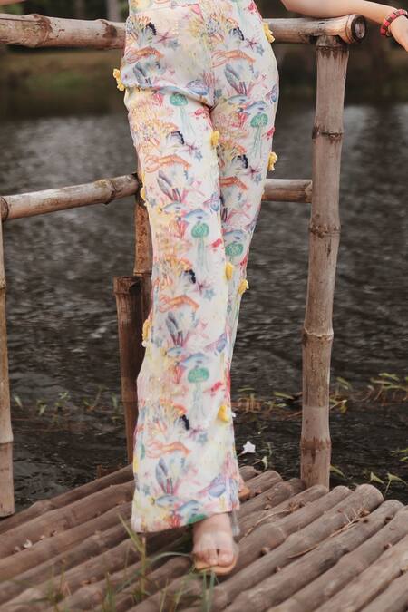 The Long Iland_Off White Satin Printed Marine Round Tie-up Crop Top With Pant  _Online_at_Aza_Fashions