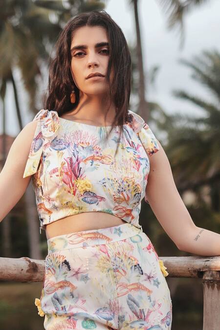 Buy_The Long Iland_Off White Satin Printed Marine Round Tie-up Crop Top With Pant  _Online_at_Aza_Fashions