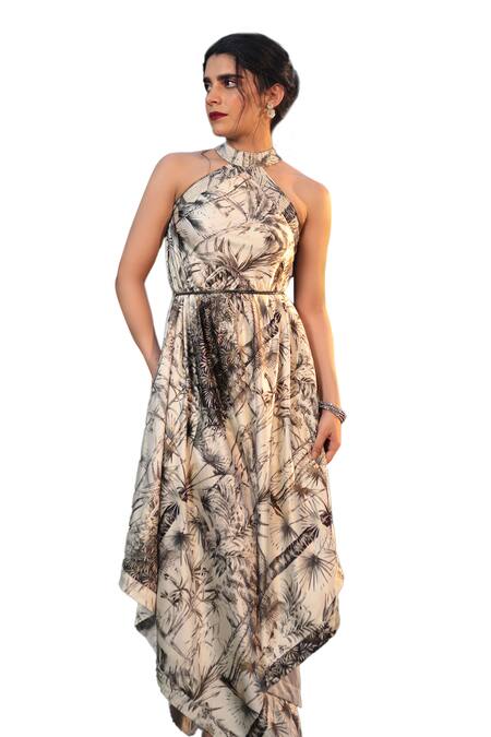The Long Iland_Black Satin Printed Forest Halter Neck Asymmetric Gown  _Online_at_Aza_Fashions
