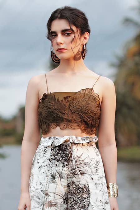 The Long Iland Forest Print Flared Pant With Applique Crop Top 