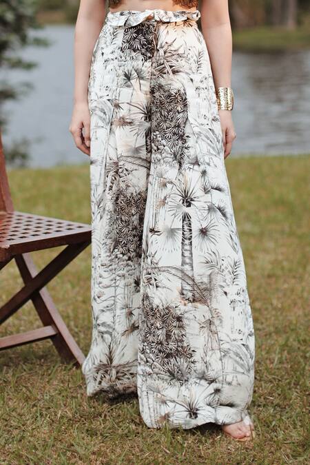 Buy_The Long Iland_Black Organza, Satin, Georgette Applique Forest Print Flared Pant With Crop Top _Online_at_Aza_Fashions