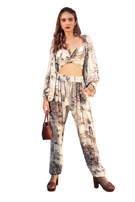 Shop_The Long Iland_Black Georgette Printed Forest Sweetheart Plunging Neck Crop Top With Pant _Online_at_Aza_Fashions