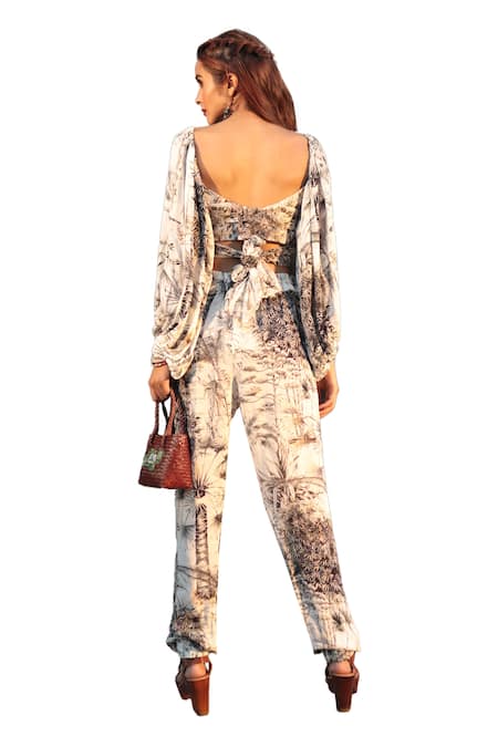 The Long Iland_Black Georgette Printed Forest Sweetheart Plunging Neck Crop Top With Pant _at_Aza_Fashions