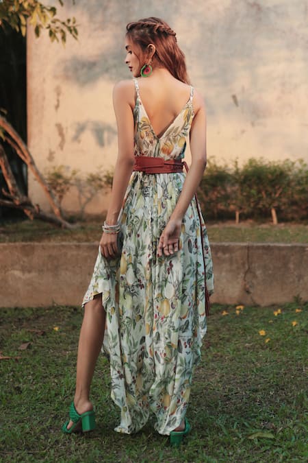 Shop_The Long Iland_Green Georgette Printed Lime V-neck Asymmetric Gown  _at_Aza_Fashions