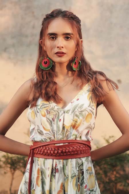 The Long Iland_Green Georgette Printed Lime V-neck Asymmetric Gown  _Online_at_Aza_Fashions