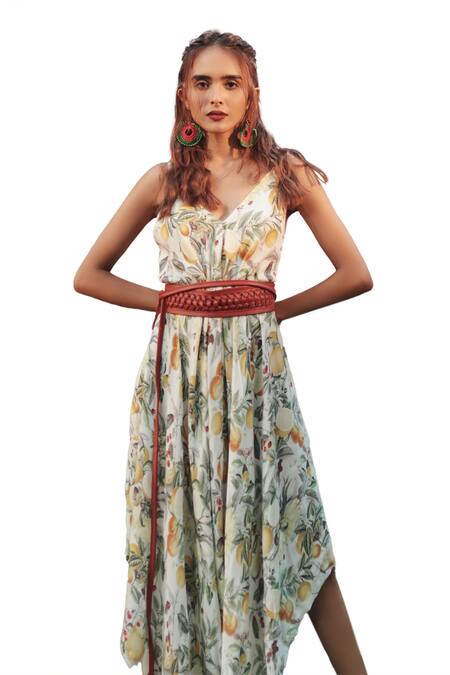 Buy_The Long Iland_Green Georgette Printed Lime V-neck Asymmetric Gown  _Online_at_Aza_Fashions