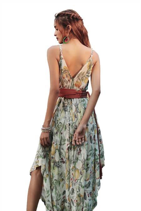 Shop_The Long Iland_Green Georgette Printed Lime V-neck Asymmetric Gown  _Online_at_Aza_Fashions