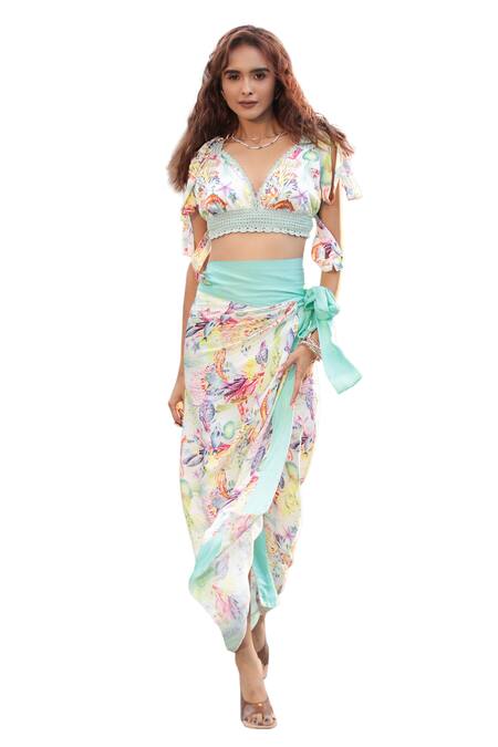The Long Iland_Multi Color Satin Printed Marine Sweetheart Crop Top With Wrap Skirt _Online_at_Aza_Fashions