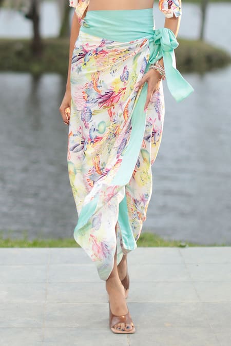 Shop_The Long Iland_Multi Color Satin Printed Marine Sweetheart Crop Top With Wrap Skirt _Online_at_Aza_Fashions