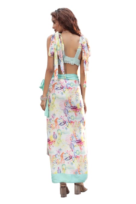 The Long Iland_Multi Color Satin Printed Marine Sweetheart Crop Top With Wrap Skirt _at_Aza_Fashions