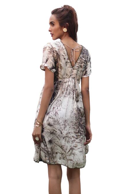 Buy The Long Iland Black Satin Printed Forest V-neck Short Dress Online at Aza Fashions Buy_The Long Iland_Black Satin Printed Forest V-neck Short Dress _Online_at_Aza_Fashions