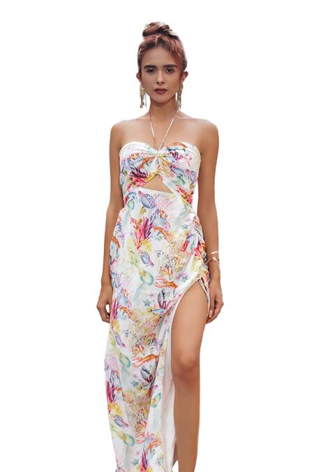 Buy The Long Iland White Crepe Printed Marine Halter Neck Gown Online at Aza Fashions Buy_The Long Iland_White Crepe Printed Marine Halter Neck Gown _Online_at_Aza_Fashions