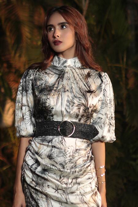 The Long Iland_Black Satin Printed Forest Band Collar Midi Dress  _Online_at_Aza_Fashions