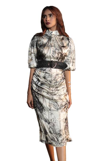 Buy_The Long Iland_Black Satin Printed Forest Band Collar Midi Dress  _Online_at_Aza_Fashions