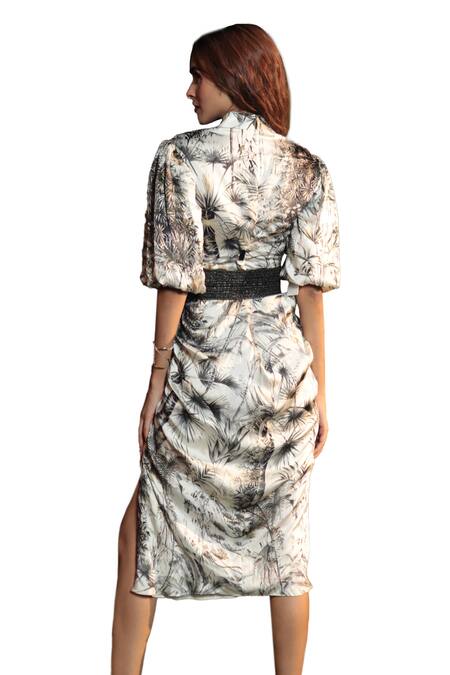 Shop_The Long Iland_Black Satin Printed Forest Band Collar Midi Dress  _Online_at_Aza_Fashions