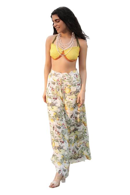 Buy_The Long Iland_Yellow Threadwork Printed Lime Halter Neck Crochet Bustier And Pant Set _Online_at_Aza_Fashions