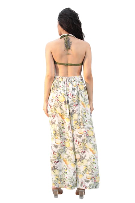 The Long Iland_Yellow Threadwork Printed Lime Halter Neck Crochet Bustier And Pant Set _at_Aza_Fashions