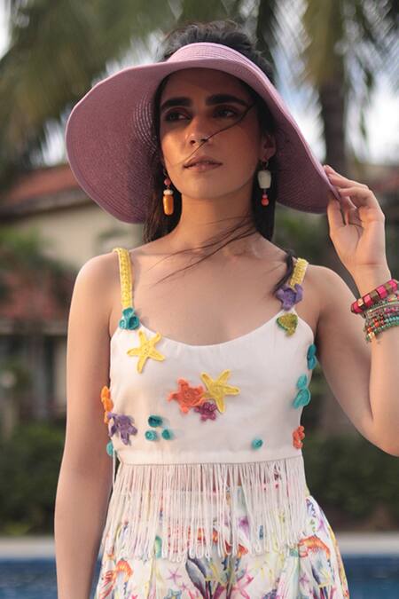 The Long Iland_White Silk Printed Crochet Round Pattern Top With Marine Shorts _Online_at_Aza_Fashions