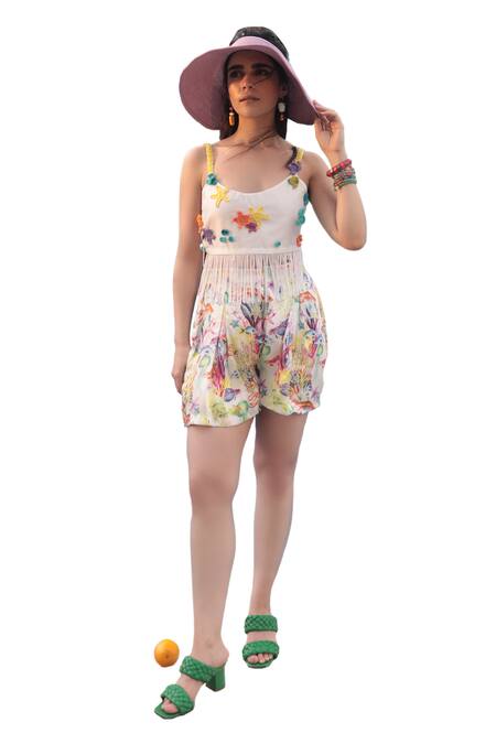 Shop_The Long Iland_White Silk Printed Crochet Round Pattern Top With Marine Shorts _Online_at_Aza_Fashions