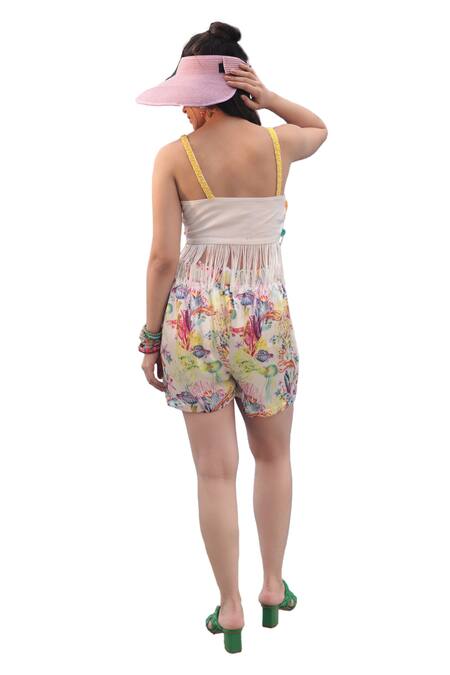 The Long Iland_White Silk Printed Crochet Round Pattern Top With Marine Shorts _at_Aza_Fashions