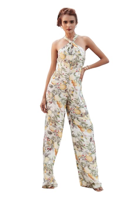 Buy_The Long Iland_Green Silk Printed Lime Halter Neck Jumpsuit  _Online_at_Aza_Fashions