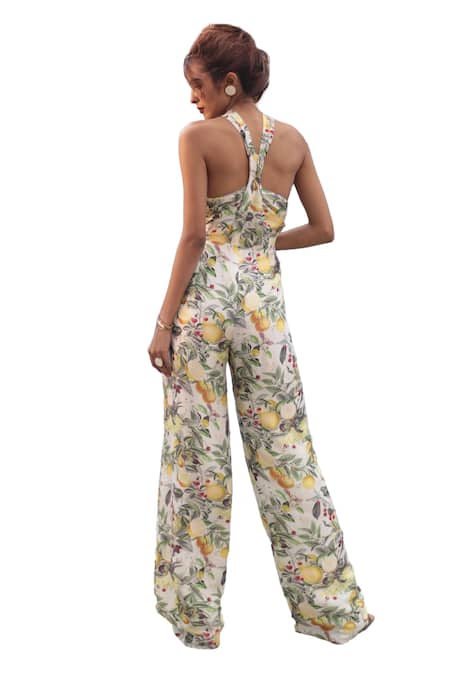 Shop_The Long Iland_Green Silk Printed Lime Halter Neck Jumpsuit  _Online_at_Aza_Fashions
