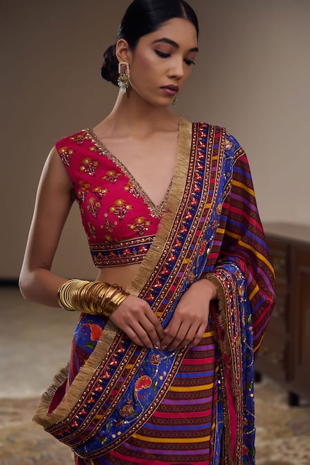 Shop Irrau By Samir Mantri Multi Color Chiffon, Crepe Beads, Sequins Mahi Stripe Print Saree Online at Aza Fashions Shop_Irrau By Samir Mantri_Multi Color Chiffon, Crepe Beads, Sequins Mahi Stripe Print Saree _Online_at_Aza_Fashions