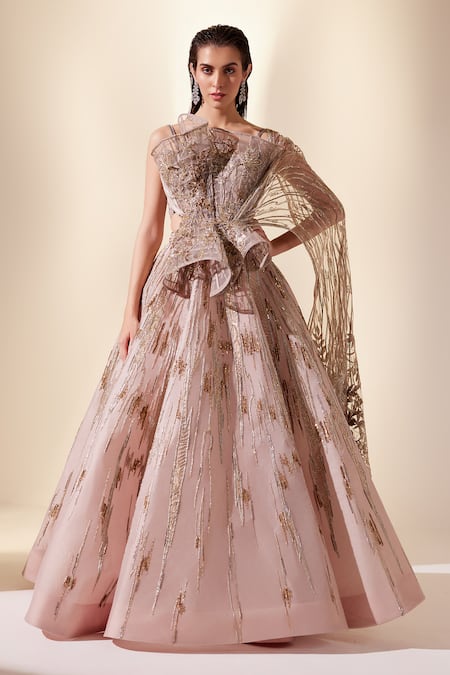 Adaara Couture Peach Net Embroidery Sequins Cascade Meteor Shower Lehenga With Corset Top 