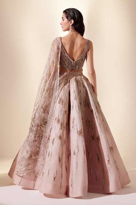 Shop Adaara Couture Peach Organza, Net, Cascade Meteor Shower Embroidered Lehenga With Corset Top at Aza Fashions Shop_Adaara Couture_Peach Organza, Net, Cascade Meteor Shower Embroidered Lehenga With Corset Top _at_Aza_Fashions