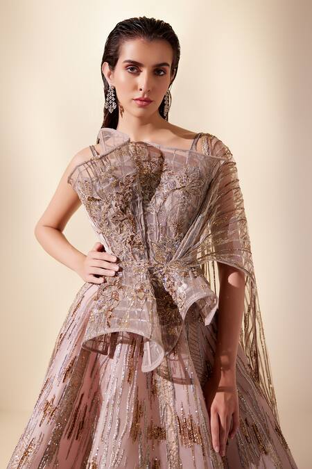 Adaara Couture Peach Organza, Net, Cascade Meteor Shower Embroidered Lehenga With Corset Top Online at Aza Fashions Adaara Couture_Peach Organza, Net, Cascade Meteor Shower Embroidered Lehenga With Corset Top _Online_at_Aza_Fashions