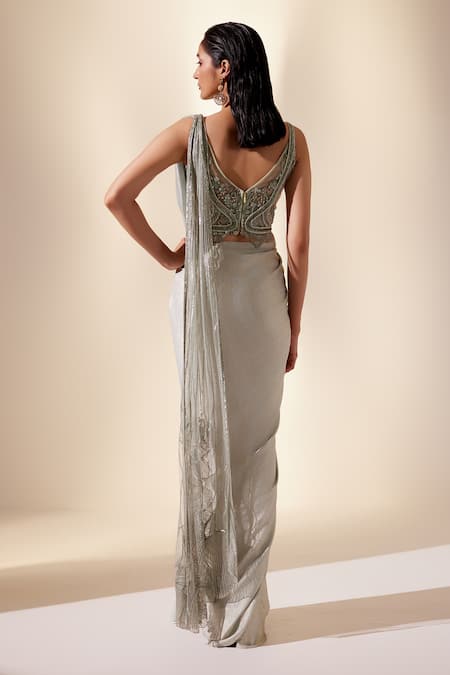Shop_Adaara Couture_Green Net, Satin Pearls, Sequins, Beads Square Mint Aurora Florence Saree Gown _at_Aza_Fashions