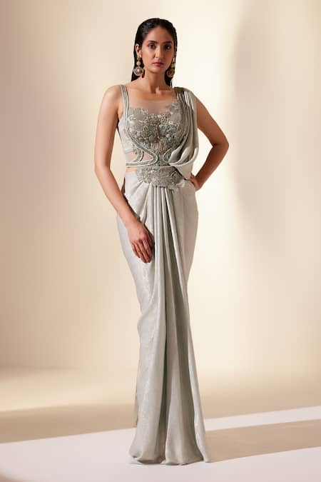 Buy_Adaara Couture_Green Net, Satin Pearls, Sequins, Beads Square Mint Aurora Florence Saree Gown _Online_at_Aza_Fashions