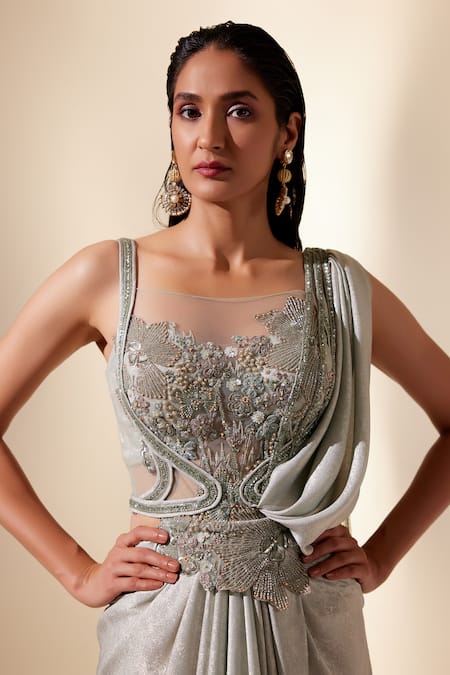Shop_Adaara Couture_Green Net, Satin Pearls, Sequins, Beads Square Mint Aurora Florence Saree Gown _Online_at_Aza_Fashions