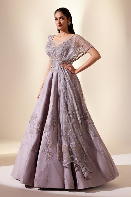 Shop_Adaara Couture_Purple Silk, Organza, Iridescent Bloom Meadow Embroidered Lehenga With Blouse _Online_at_Aza_Fashions