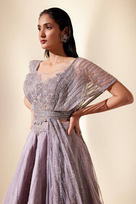 Adaara Couture_Purple Silk, Organza, Iridescent Bloom Meadow Embroidered Lehenga With Blouse _at_Aza_Fashions