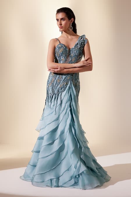 Adaara Couture Blue Net Embroidery Sequins Sweetheart Serenade Stellar Ruffle Layered Gown 