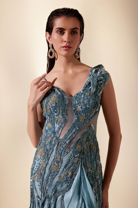 Adaara Couture_Blue Organza, Net Sequins Serenade Stellar Embroidered Ruffle Layered Gown _Online_at_Aza_Fashions