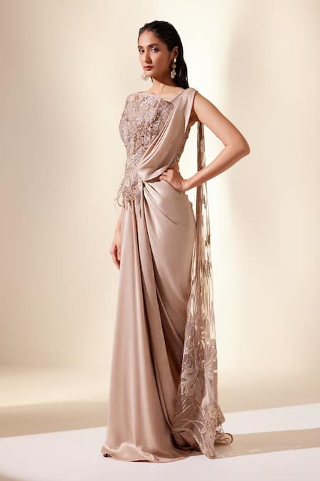 Adaara Couture_Gold Net, Satin Sequins, Cut Work Square Mirage Floret Embroidered Saree Gown _Online_at_Aza_Fashions