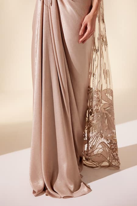 Buy_Adaara Couture_Gold Net, Satin Sequins, Cut Work Square Mirage Floret Embroidered Saree Gown _Online_at_Aza_Fashions