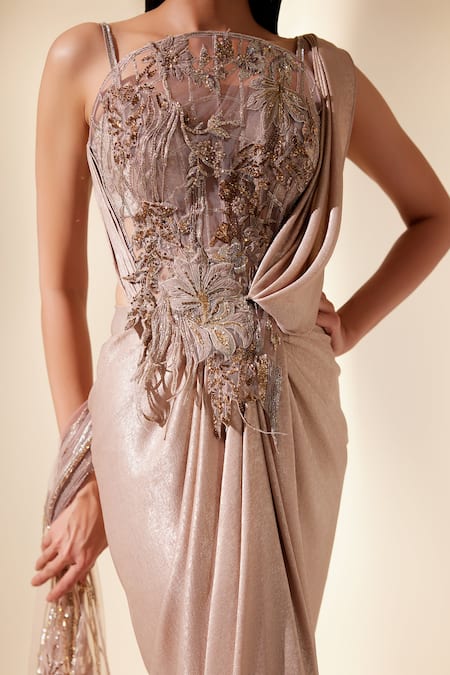 Shop_Adaara Couture_Gold Net, Satin Sequins, Cut Work Square Mirage Floret Embroidered Saree Gown _Online_at_Aza_Fashions