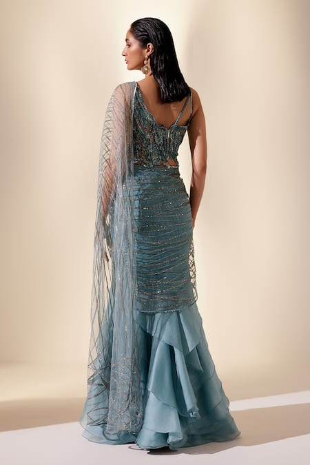 Adaara Couture Twilight Sequin Stream Embroidered Ruffle Layered Gown 
