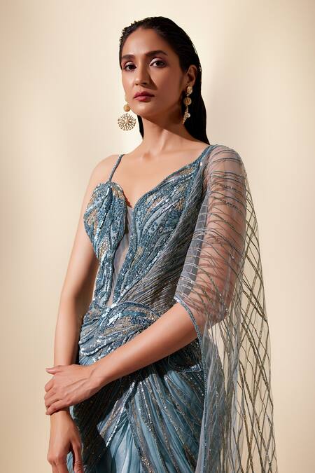 Buy Adaara Couture Blue , Organza, Net, Twilight Stream Embroidered Ruffle Layered Gown Online at Aza Fashions Buy_Adaara Couture_Blue , Organza, Net, Twilight Stream Embroidered Ruffle Layered Gown _Online_at_Aza_Fashions
