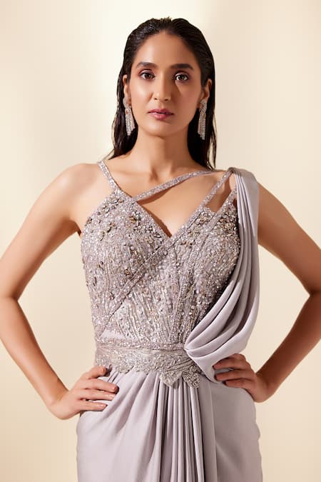 Buy Adaara Couture Purple Silk, Net Sequins, Beads V-neck Embroidered Pre-draped Saree Gown Online at Aza Fashions Buy_Adaara Couture_Purple Silk, Net Sequins, Beads V-neck Embroidered Pre-draped Saree Gown _Online_at_Aza_Fashions