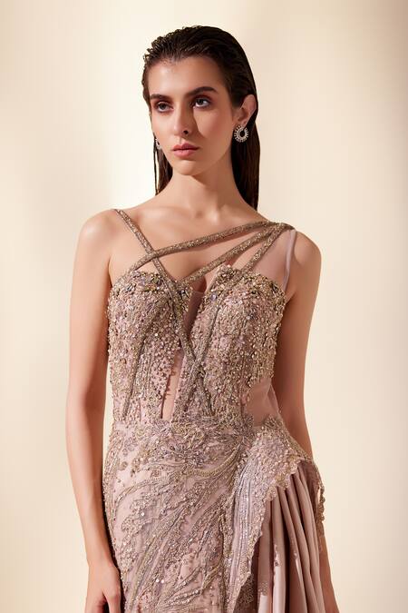 Adaara Couture_Peach Net Beads, Cut Work Pleated And Cutdana Embroidered Gown _Online_at_Aza_Fashions