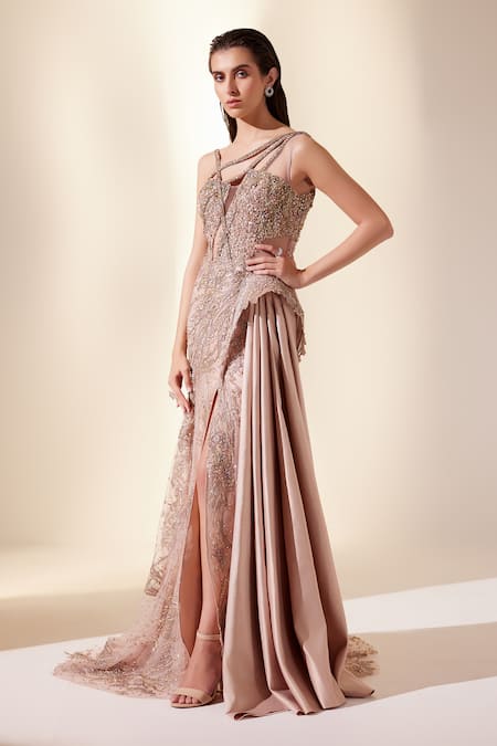 Buy_Adaara Couture_Peach Net Beads, Cut Work Pleated And Cutdana Embroidered Gown _Online_at_Aza_Fashions