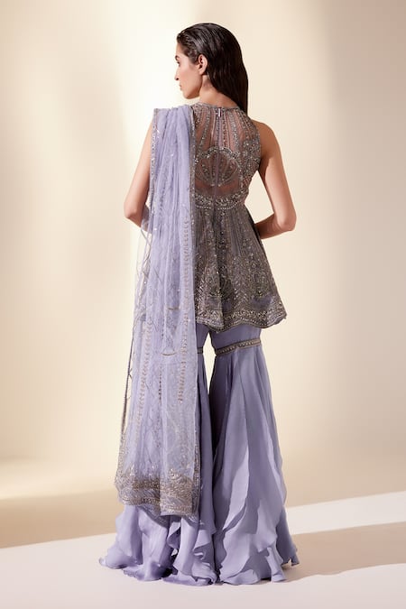 Shop Adaara Couture Purple Net, Silk Organza Cut Work, Beads, Sequins, Peplum Kurta Sharara Set at Aza Fashions Shop_Adaara Couture_Purple Net, Silk Organza Cut Work, Beads, Sequins, Peplum Kurta Sharara Set _at_Aza_Fashions